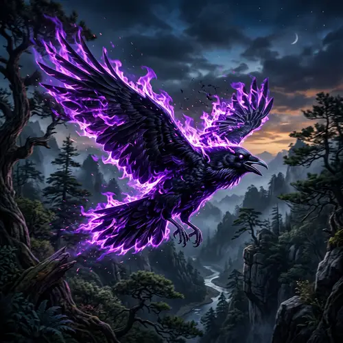 Massive Black Crow from China - Enveloped in Purple Flame