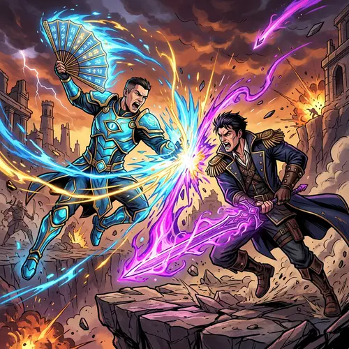 Epic Battle Scene: Charismatic Characters with Unique Abilities