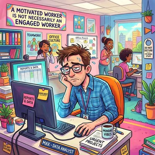 Humorous Cartoon Office Scene: Engagement vs. Motivation