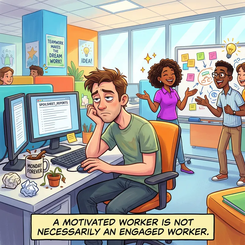 Vibrant Cartoon Office Scene: Engagement vs Motivation