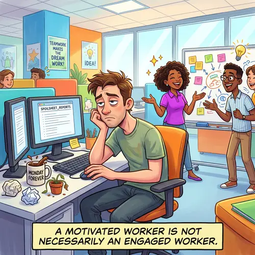Vibrant Cartoon Office Scene: Engagement vs Motivation