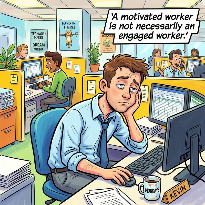 Vibrant Cartoon Office Scene: Engagement vs. Motivation