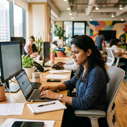 Dedicated South Asian Employee in Modern Office