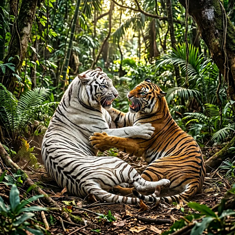 Majestic White Tiger Battles Brown Bengal Tiger in Jungle Majestic White Tiger Battles Brown Bengal Tiger in Jungle