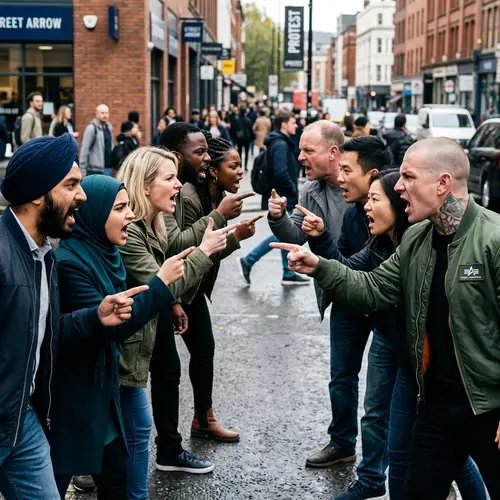 Tense Argument Between Diverse Groups: A Visual Contrast