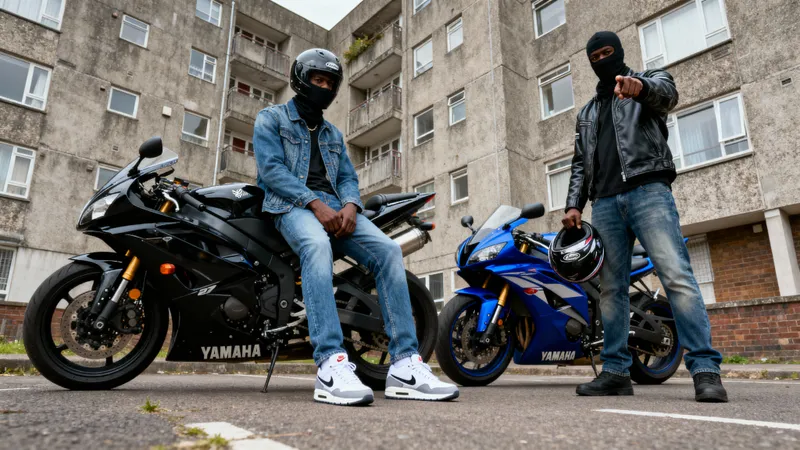 Urban Black Biker on 2003 Yamaha R6 in Brixton