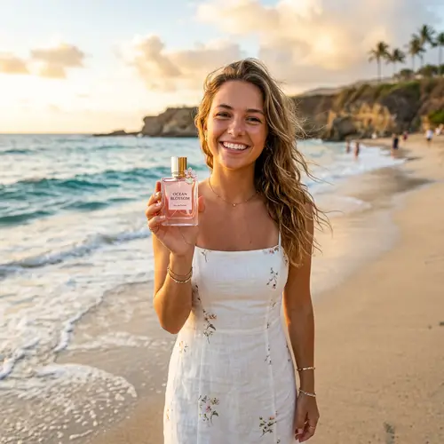 Young Woman with Pink Perfume on the Beach