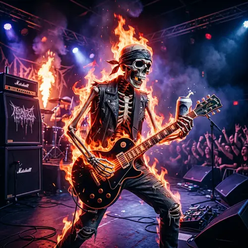 Energetic Rock Concert Skeleton in Flames with Guitar and Beer
