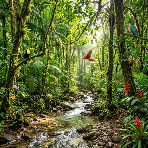Vibrant Tropical Rainforest Scene: Lush Trees, Exotic Birds | Website