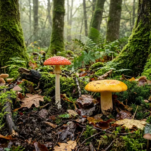 Diverse Mushroom Species in Lush Forest Setting