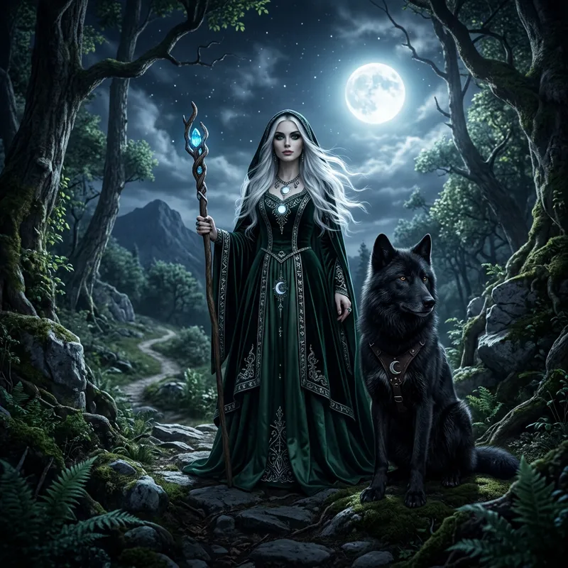 Enchanting Witch with White Hair & Black Wolf in Moonlight
