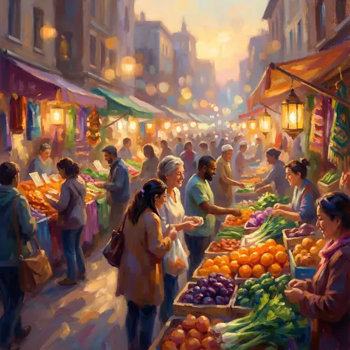 Vibrant Dusk Street Market Scene in Impressionistic Style