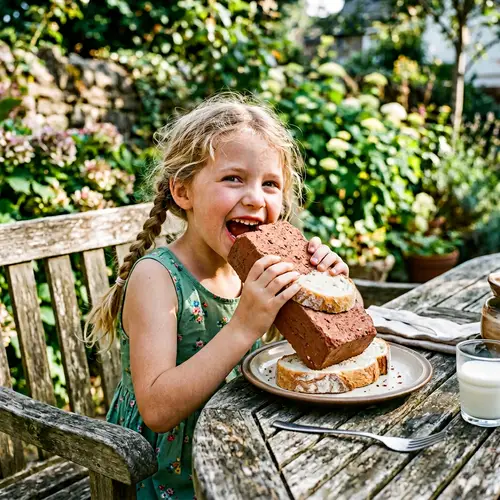 Young Girl Eating Red Brick Sandwich with Bread