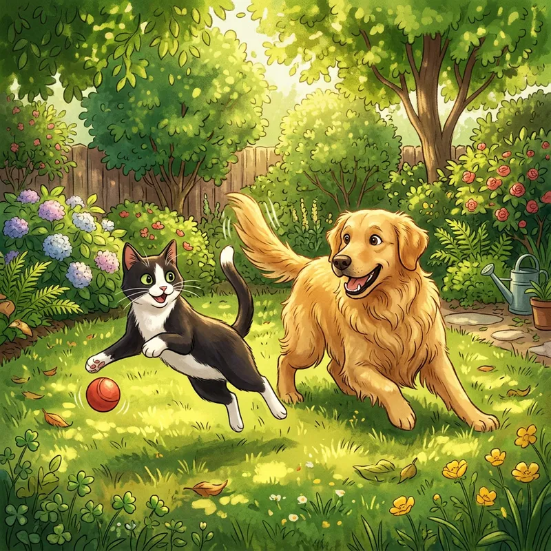 Cute Cat and Dog Playing Together Outdoors