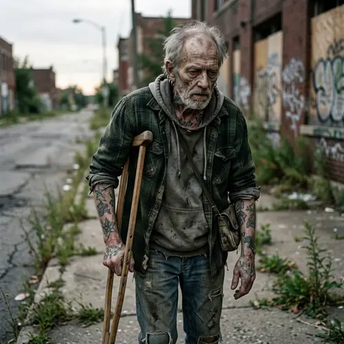 Zombie Old Man Walking with Crutch and Tattoos