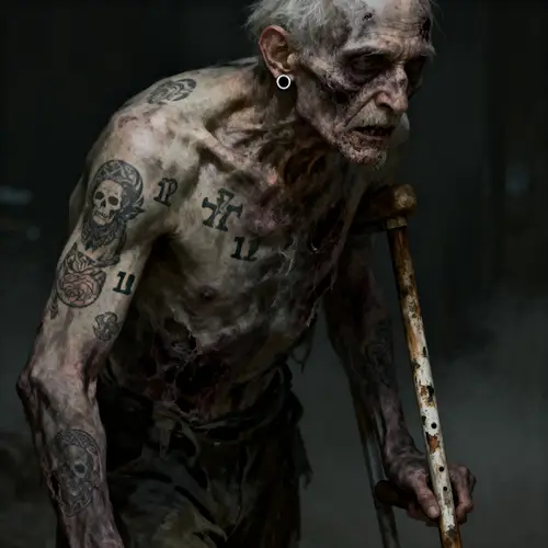 Zombie Old Man Walking with Crutch and Tattoos