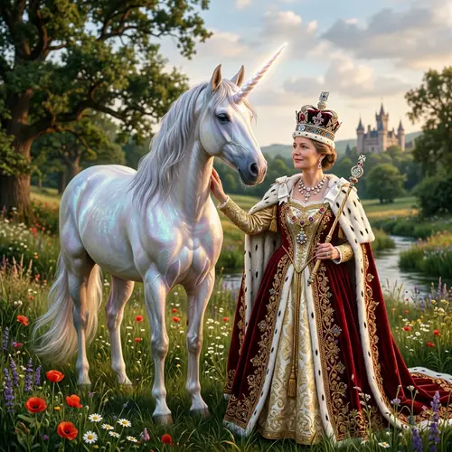 Majestic Unicorn and Queen in Serene Meadow