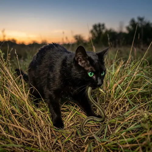 Twilight Encounter: Ebony Cat and Green-Eyed Serpent in Nature's Dance