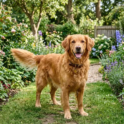 Playful Mature Dog in a Lush Garden