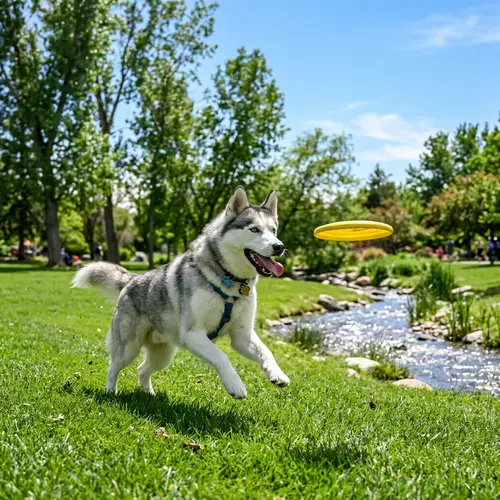 Playful Husky Dog Chasing a Frisbee in the Park