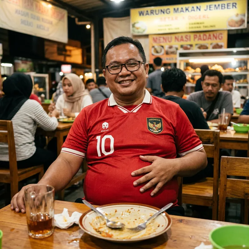 Indonesian Man in Football Jersey with Portly Belly | Expression of Satisfaction