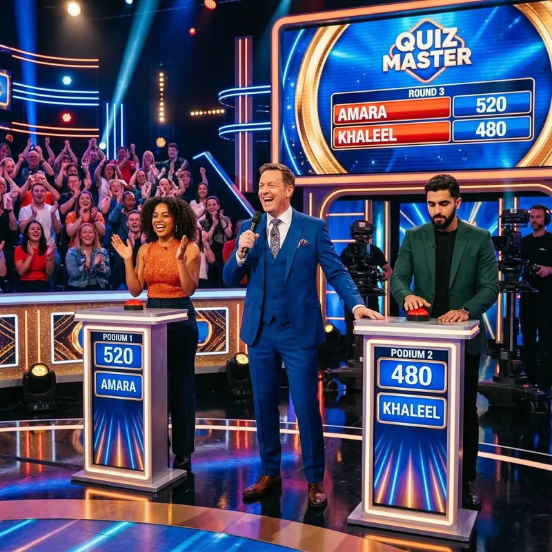 TV Game Show Host with 2 Contestants: Real Excitement on Stage