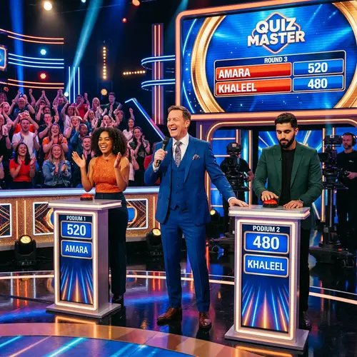 TV Game Show Host with 2 Contestants: Real Excitement on Stage