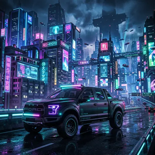 Polarized Black Pickup Truck in Cyberpunk Cityscape
