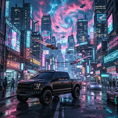 Black Tinted Pickup Truck in Cyberpunk Cityscape