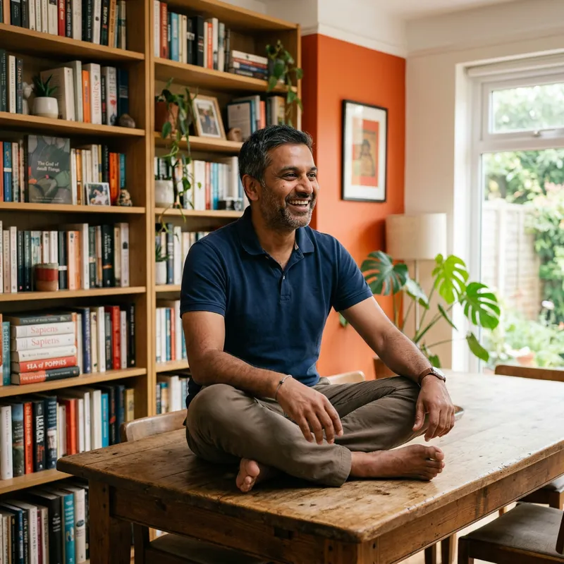 Man Sitting on Table in Brightly Lit Room