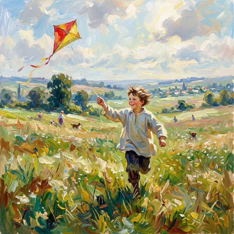 Exuberant Young Boy Running with Kite in Impressionist Landscape