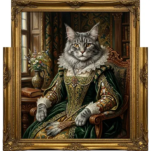 Renaissance-Inspired Maine Coon Cat Portrait in Grey Coat