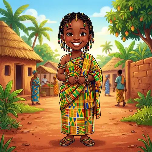 Young Ghanaian Girl in Vibrant Kente Attire Cartoon