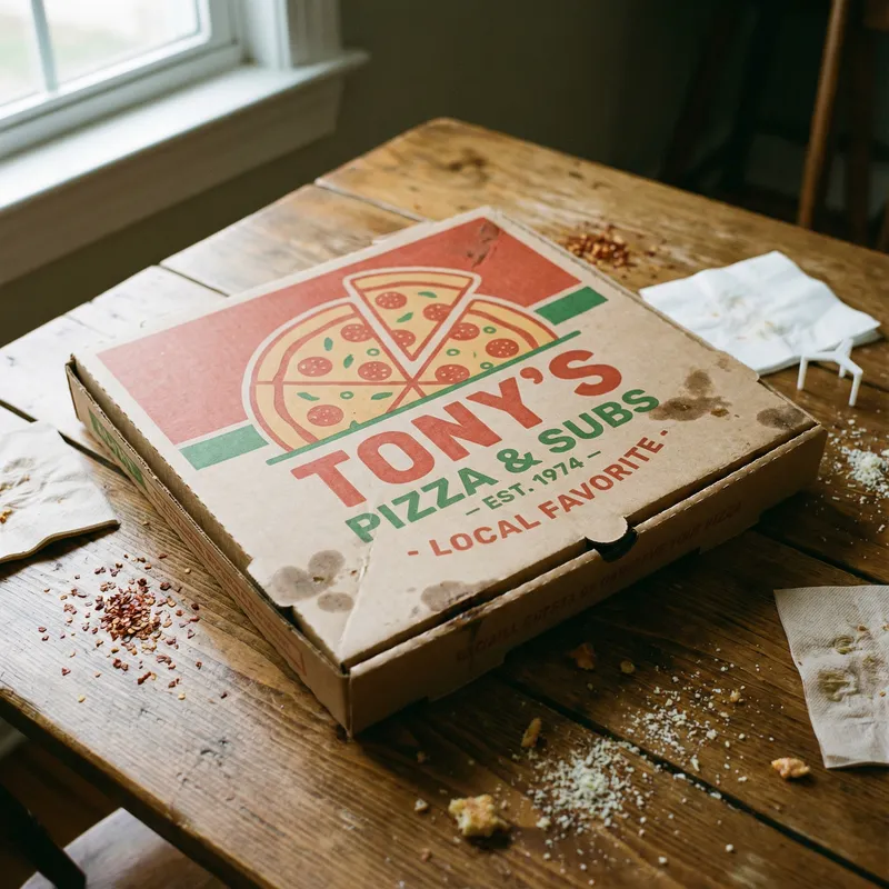 Cardboard Pizza Box on Wooden Table: Imaginary Local Pizzeria Logo Cardboard Pizza Box on Wooden Table: Imaginary Local Pizzeria Logo