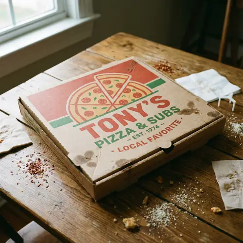 Fictional Pizzeria's Box: Local Brand Logo on Wooden Table