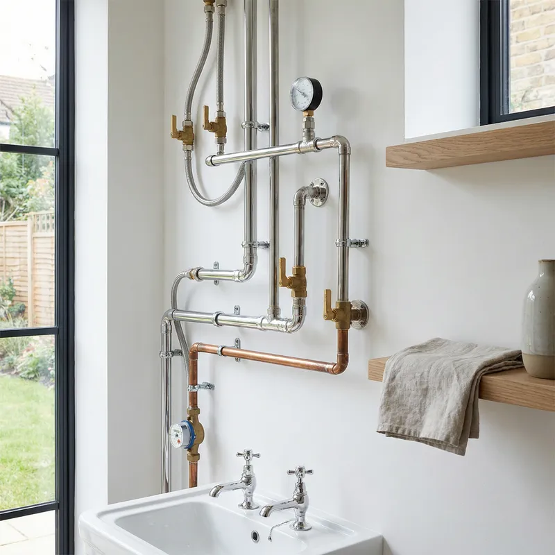 Modern Wall Mounted Plumbing Design: Silver Faucets & Angular Valves