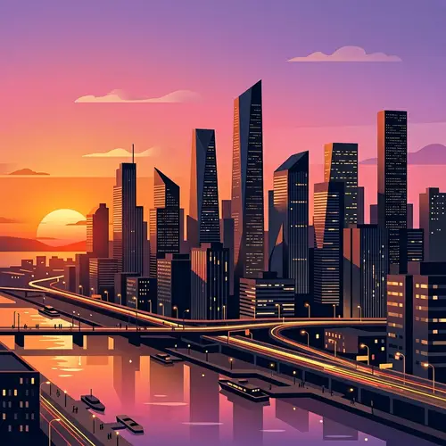 Minimalist Sunset Cityscape | Geometric Buildings Silhouetted by setting sun