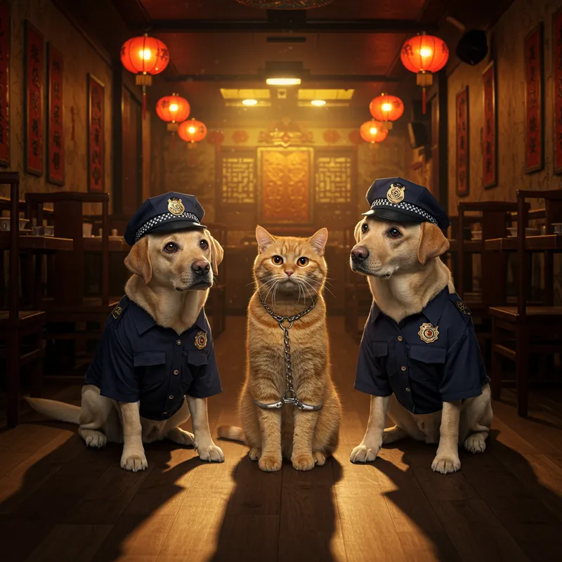 Humorous Cat Arrested by Police Dogs in Chinese Restaurant
