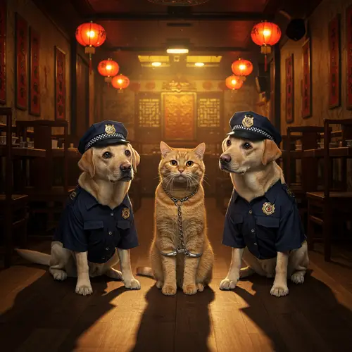 Humorous Cat Arrested by Police Dogs in Chinese Restaurant