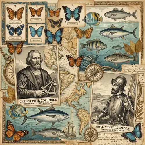Collage of Butterflies, Fish, and Historical Explorers