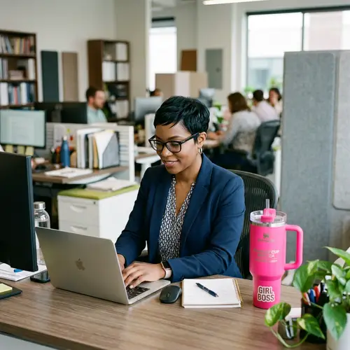 African American Woman Office Work with Pixie Haircut & Glasses