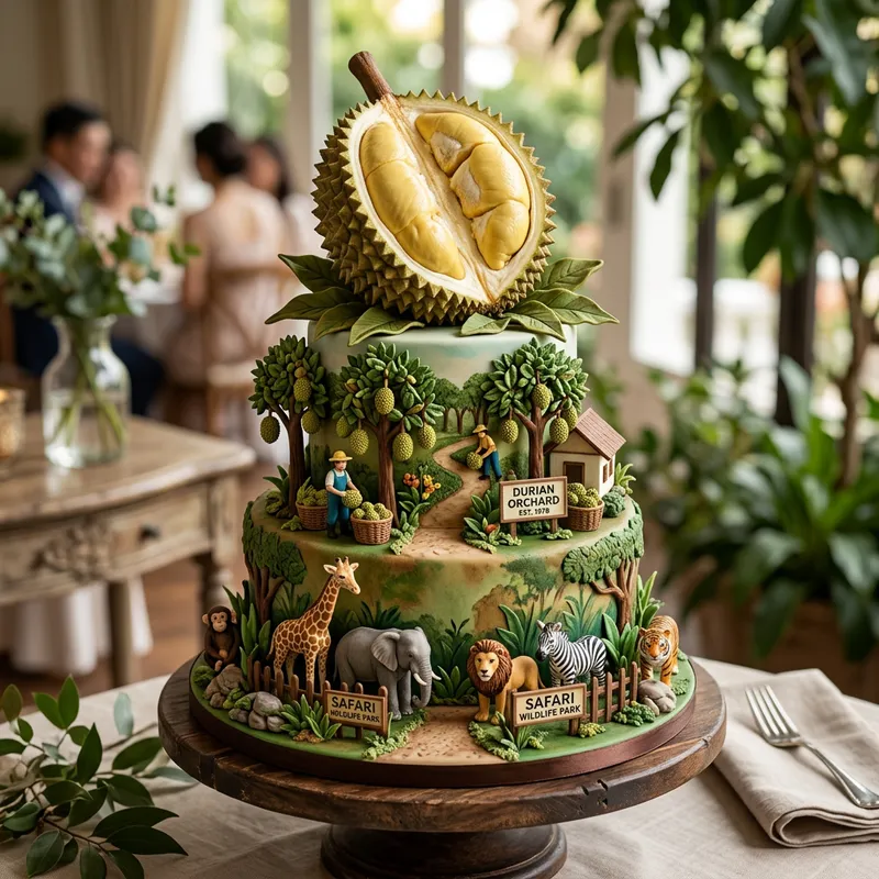 Elegant 3-Tier Cake Design with Zoo and Durian Farm Elegant 3-Tier Cake Design with Zoo and Durian Farm