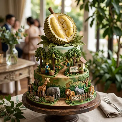 Elegant 3-Tier Cake Design with Zoo and Durian Farm