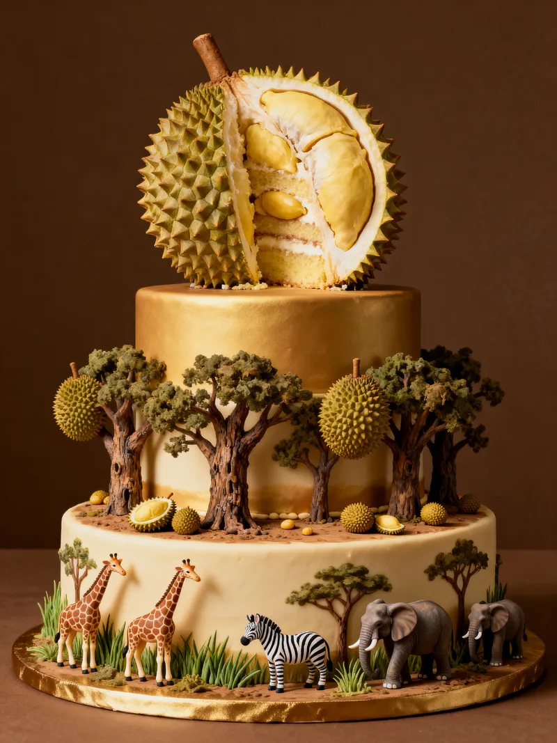 Elegant 3-Tier Cake Design with Zoo and Durian Farm