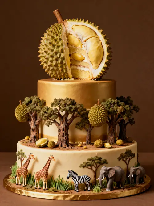 Elegant 3-Tier Cake Design with Zoo and Durian Farm