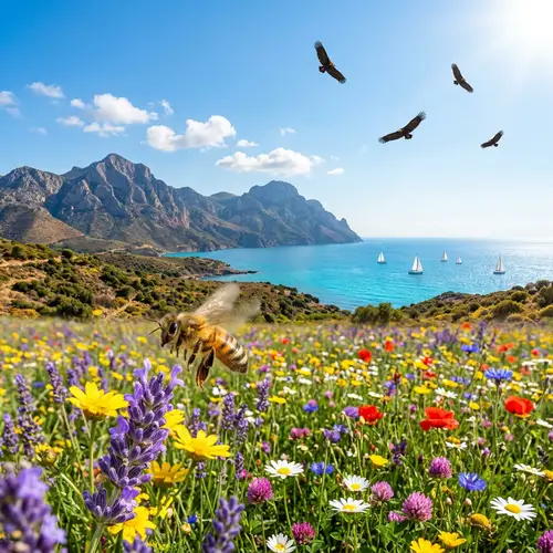 Bee Flying Over Sea of Flowers | Mountains & Sea Views
