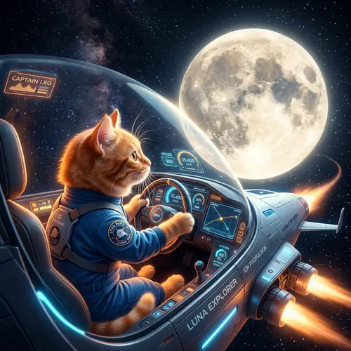 Adorable Feline Driving Futuristic Car to Moon | Space Adventure