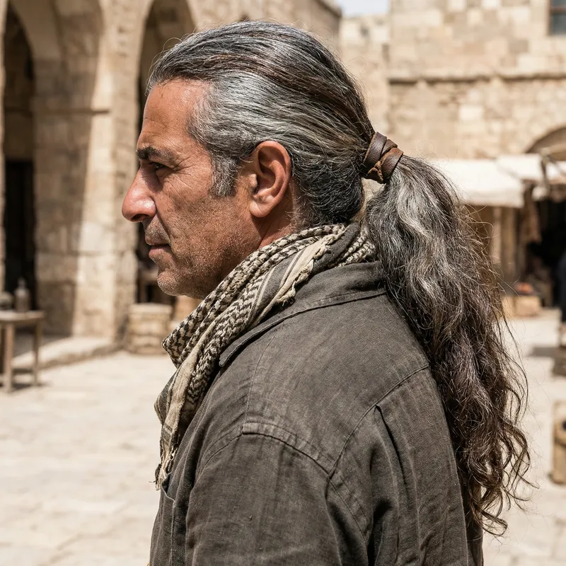 Mature Middle-Eastern Man with Full Grey Beard and Long Brown Hair