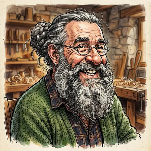 Exaggerated Caricature of Bearded Man with Grey Beard and Tied Back Hair