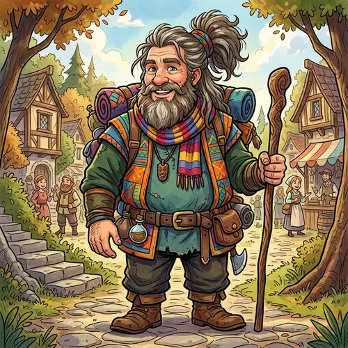 Cartoon-Style Illustration of Colorful Caucasian Man with Full Beard and Ponytail